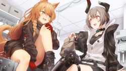 Rule 34 | 2girls, animal ear fluff, animal ears, arknights, bag, black footwear, black jacket, black shorts, black socks, black tank top, boots, braid, breasts, brown eyes, brown hair, brown shirt, ceobe (arknights), chain, commentary request, cross-laced footwear, dog ears, dog girl, dog tail, eye contact, feet out of frame, gloves, grey hair, hair between eyes, highres, holding, holding bag, horns, indoors, jacket, knee up, lace-up boots, long hair, long sleeves, looking at another, medium breasts, multiple girls, paper bag, puffy long sleeves, puffy sleeves, red eyes, red gloves, seto tinami, shirt, short shorts, shorts, sitting, sleeves past wrists, socks, tail, tank top, very long hair, vulcan (arknights), white jacket