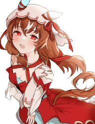 Rule 34 | 1girl, :d, animal ears, bare shoulders, blush, breasts, brown hair, dress, ear covers, from side, hair between eyes, highres, horse ears, horse girl, long hair, looking at viewer, looking to the side, open mouth, pof (peuplierpof), red dress, red eyes, simple background, small breasts, smile, solo, still in love (umamusume), umamusume, veil, white background, white hair