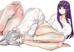 Rule 34 | 2girls, alternate costume, ass, barefoot, breasts, closed eyes, commentary request, feet, fern (sousou no frieren), foot focus, frieren, grey hair, huge breasts, kukoi, legs, long hair, long shirt, lying, multiple girls, multiple views, paid reward available, pointy ears, purple eyes, purple hair, shirt, sidelocks, simple background, smelling feet, sousou no frieren, t-shirt, thighs, top-down bottom-up, twintails, variant set, white background, white shirt, yuri