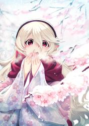 Rule 34 | 1girl, blush, cherry blossoms, corrin (female) (fire emblem), corrin (fire emblem), fire emblem, fire emblem fates, gloves, hairband, highres, long hair, looking at viewer, nakabayashi zun, nintendo, petals, pointy ears, red eyes, scarf, simple background, snow, solo, white hair, winter, winter clothes