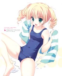 Rule 34 | 101 no hyaku monogatari, 1girl, absurdres, bare legs, bare shoulders, barefoot, blonde hair, blush, breasts, collarbone, drill hair, fang, green eyes, highres, long hair, looking at viewer, official art, one-piece swimsuit, open mouth, page number, ryouka (suzuya), scan, sitting, small breasts, solo, striped, swimsuit, towel, vertical stripes, water, wet