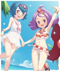Rule 34 | 2girls, acerola (pokemon), acerola (sygna suit) (pokemon), arm up, armlet, blue eyes, blue hair, border, bracelet, bright pupils, cloud, commentary request, creatures (company), day, dress, flipped hair, flower, game freak, gazing eye, hair flower, hair ornament, hairband, highres, holding hands, jewelry, knees, lana (pokemon), lana (sygna suit) (pokemon), leg up, looking at viewer, looking down, medium hair, multiple girls, navel, neckerchief, necklace, nintendo, no sclera, official alternate costume, outdoors, palm tree, panties, pink hairband, pink neckerchief, pokemon, pokemon masters ex, purple hair, red flower, sailor collar, sandals, shirt, short hair, sky, sleeveless, sleeveless shirt, sweatdrop, topknot, tree, underwear, white border, white dress, white panties, white pupils, white sailor collar, white shirt
