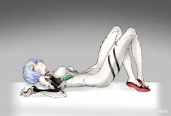 Rule 34 | 10s, 1girl, 2015, alternate breast size, ayanami rei, blue hair, bodysuit, bracer, breasts, covered erect nipples, crossed legs, dated, fishine, from side, full body, gloves, gradient background, grey background, hair ornament, interface headset, knees up, lance of longinus (evangelion), looking at viewer, lying, neon genesis evangelion, on back, parted lips, pilot suit, plugsuit, red eyes, shadow, short hair, signature, skinny, solo, turtleneck