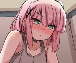 Rule 34 | 1girl, absurdres, asado0000, bare arms, blush, chiyoda momo, closed mouth, commentary request, green eyes, grey tank top, heart, highres, implied yuri, indoors, machikado mazoku, medium hair, pink hair, solo, tank top