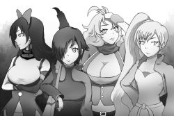 Rule 34 | 4girls, black hair, blake belladonna, breasts, cleavage, frown, hair over one eye, large breasts, monochrome, multiple girls, ruby rose, rwby, weiss schnee, yang xiao long