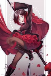 Rule 34 | artist name, black dress, black hair, boots, cape, dress, frilled skirt, frills, gradient hair, grey eyes, highres, holding, holding weapon, leg up, miviy19, multicolored hair, open mouth, pantyhose, petals, red cape, red hair, ruby rose, rwby, scythe, skirt, smile, weapon
