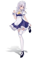 Rule 34 | 1girl, absurdres, apron, ascot, black footwear, blue dress, bow, braid, cleavage cutout, closed mouth, clothing cutout, commentary request, dress, frilled skirt, frills, full body, garter straps, grey eyes, hair bow, high heels, highres, holding, holding plate, izayoi sakuya, looking at viewer, maid, maid apron, maid headdress, medium hair, murasaki satori, plate, puffy short sleeves, puffy sleeves, shadow, shirt, short sleeves, skirt, solo, standing, standing on one leg, thighhighs, touhou, twin braids, white apron, white background, white bow, white hair, white shirt, white thighhighs, wrist cuffs, yellow ascot