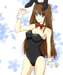 Rule 34 | 1girl, 7ga10, animal ears, aozaki aoko, arm up, bad id, bad pixiv id, bare legs, bare shoulders, blue eyes, blush, bow, bowtie, breasts, brown hair, rabbit ears, playboy bunny, choker, cleavage, collarbone, covered navel, detached collar, covered erect nipples, fake animal ears, female focus, floral background, hair intakes, legs, long hair, looking at viewer, mahou tsukai no yoru, open mouth, skin tight, solo, standing, strapless, wrist cuffs