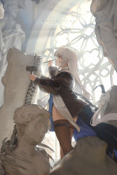 Rule 34 | 1girl, absurdres, arknights, artist name, black dress, black thighhighs, character name, dress, feet out of frame, from side, grey hair, hammer, highres, holding, holding chisel, holding hammer, light rays, long hair, no headwear, no headwear, red eyes, sculpting, sculpture, solo, specter (arknights), thighhighs, toto (caaaaarrot), very long hair
