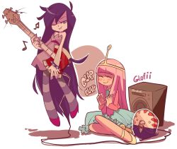 Rule 34 | adventure time, amplifier, axe, bass guitar, bite mark, blush, bow, bowtie, butler, clapping, colored skin, couple, crown, cup, dress, fangs, froc coat, grey skin, highres, instrument, long hair, marceline abadeer, mug, musical note, nail polish, one eye closed, outline, pantyhose, peppermint butler, pink hair, princess bonnibel bubblegum, purple hair, smile, snovi, striped clothes, striped legwear, striped pantyhose, vampire, weapon, white outline, yuri