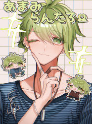 Rule 34 | 1boy, amami rantaro, bracelet, brown jacket, chibi, collarbone, commentary, danganronpa (series), danganronpa v3: killing harmony, ear piercing, earrings, green hair, grey background, hand up, highres, jacket, jewelry, junajuna go, long fingers, looking at viewer, male focus, multiple views, necklace, necktie, one eye closed, piercing, portrait, shirt, short hair, smile, striped clothes, striped shirt, translated