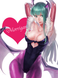 Rule 34 | 1girl, aqua eyes, aqua hair, armpits, arms up, bad id, bad pixiv id, bare shoulders, breasts, character name, clothing cutout, colored eyelashes, demon wings, elbow gloves, fur trim, gloves, green eyes, head wings, heart, heart-shaped hole, heart cutout, highres, large breasts, leotard, long hair, morrigan aensland, nicoro256, pantyhose, purple pantyhose, sideways glance, simple background, smile, solo, vampire (game), white background, wings