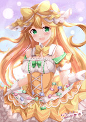 Rule 34 | 1girl, :d, bare shoulders, blonde hair, blush, bow, commentary request, dated, detached sleeves, dress, fujisawa yuzu, gloves, green eyes, hair bow, happy birthday, heart, highres, long hair, looking at viewer, ongeki, open mouth, puffy short sleeves, puffy sleeves, short sleeves, skirt hold, smile, solo, strapless, strapless dress, two side up, very long hair, white gloves, white sleeves, xenon (for achieve), yellow bow, yellow dress