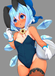 Rule 34 | 1girl, :o, alternate costume, animal ears, bare arms, bare shoulders, blue bow, blue eyes, blue hair, blush, bow, breasts, cirno, daichi (tokoya), detached collar, fake animal ears, fishnet thighhighs, fishnets, flower, gloves, hair between eyes, hair bow, hand up, highleg, highleg leotard, highres, ice, ice wings, leotard, one-piece tan, playboy bunny, rabbit ears, small breasts, solo, sunflower, tan, tanline, tanned cirno, thighhighs, touhou, tray, white gloves, wings