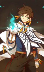 Rule 34 | 10s, 1boy, asymmetrical gloves, belt, blue shirt, bracelet, brown background, brown hair, brown pants, cape, feathers, fingerless gloves, gloves, green eyes, jewelry, looking at viewer, male focus, pants, shirt, short hair, simple background, smile, sorey (tales), sword, tales of (series), tales of zestiria, uneven gloves, weapon, white gloves, yanzhan