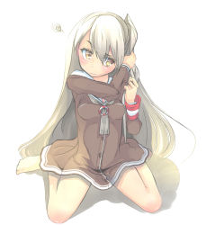 Rule 34 | 10s, 1girl, 3:, adjusting hair, alternate hairstyle, amatsukaze (kancolle), asobinikitahito, bad feet, bare legs, breasts, dress, hair half undone, kantai collection, long hair, sailor dress, simple background, sitting, small breasts, solo, squiggle, tying hair, wariza, white background, white hair, yellow eyes