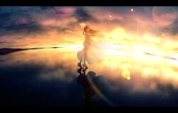 Rule 34 | absurdres, arms at sides, bare shoulders, brown hair, closed eyes, dress, evening, facing away, floating clothes, floating hair, full body, high heels, highres, horizon, landscape, lens flare, letterboxed, long dress, long hair, nengoro, original, outdoors, reflection, reflective floor, scenery, signature, sleeveless, sleeveless dress, standing, sunset, white dress, white footwear