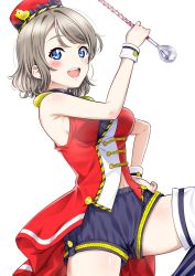 Rule 34 | 1girl, band uniform, baton, blue eyes, blush, breasts, grey hair, hair between eyes, hat, looking at viewer, love live!, love live! school idol festival, love live! sunshine!!, marching band, marching band baton, medium breasts, open mouth, sankuro (agoitei), shirt, short hair, shorts, simple background, sleeveless, sleeveless shirt, smile, solo, tagme, thighhighs, watanabe you, white background