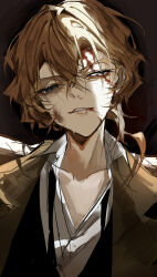 Rule 34 | 1boy, absurdres, black background, blood, blood on face, blood on mouth, blue eyes, brown jacket, bruise, bruise on face, bungou stray dogs, collarbone, hair between eyes, highres, injury, jacket, looking at viewer, mafia, male focus, medium hair, nakahara chuuya, orange hair, parted lips, shirt, simple background, solo, sweatdrop, upper body, white shirt, ya ta