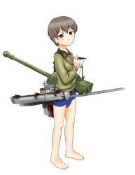Rule 34 | 1girl, absurdres, aircraft, airplane, brown eyes, brown hair, full body, fusion, girls und panzer, highres, i-401 (kancolle), ise mariya, kantai collection, maaranto, machinery, naomi (girls und panzer), no shoes, saunders military uniform, voice actor connection, submarine, watercraft, white background