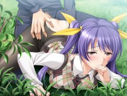 Rule 34 | 1girl, bent over, blush, breast press, breasts, chou hitoumeguri, clothed sex, doggystyle, finger to mouth, game cg, grass, large breasts, legs, long hair, looking at viewer, lying, narutaki shin, no panties, on stomach, pantyhose, purple hair, red eyes, sex, sex from behind, spread legs, thighs, top-down bottom-up, torn clothes, torn legwear, twintails, vaginal