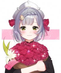 Rule 34 | 1girl, abbystea, alternate costume, birthday, blush, bouquet, braid, braided bangs, closed mouth, flower, genshin impact, green eyes, grey hair, hair flower, hair ornament, hair ribbon, holding, holding bouquet, maid headdress, noelle (genshin impact), red flower, red rose, ribbon, rose, russian commentary, short hair, simple background, solo, two-tone background, upper body, white flower