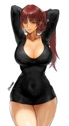 Rule 34 | 1girl, arms up, black shirt, breasts, brown hair, cleavage, collarbone, hands in hair, highres, large breasts, long hair, long sleeves, orange eyes, original, parted lips, pyojunbe, shirt, smile, solo, standing, thick thighs, thighs, very long hair, white background