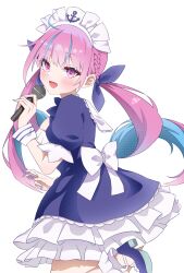 Rule 34 | 1girl, blue nails, blush, dress, highres, holding, holding microphone, hololive, long hair, looking at viewer, maid, maid headdress, microphone, minato aqua, minato aqua (1st costume), open mouth, pink eyes, pink hair, rumurumu, short sleeves, simple background, smile, solo, standing, standing on one leg, twintails, virtual youtuber, white background