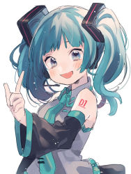Rule 34 | 1girl, :d, alternate hair length, alternate hairstyle, bare shoulders, blue eyes, blue hair, blue necktie, detached sleeves, grey shirt, hand up, hatsune miku, highres, index finger raised, kouhara yuyu, looking at viewer, necktie, number tattoo, open mouth, outstretched arm, shirt, short twintails, shoulder tattoo, simple background, skirt, sleeveless, sleeveless shirt, smile, solo, standing, tattoo, twintails, upper body, vocaloid, white background