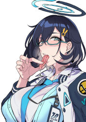Rule 34 | 1girl, bandaid, bandaid on neck, black hair, blue archive, blue necktie, blush, breasts, chihiro (blue archive), glasses, green eyes, hair ornament, id card, large breasts, long tongue, mapputatsu (freewilly), necktie, rabbit hair ornament, tagme, tongue