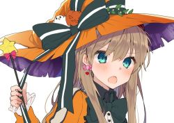 Rule 34 | &gt;:o, 1girl, :o, aqua eyes, bad id, bad twitter id, black ribbon, blush, commentary request, dress, earrings, hair between eyes, halloween, halloween costume, hand up, hat, hat ornament, hat ribbon, holding, holding wand, ikeuchi tanuma, jewelry, light brown hair, long sleeves, looking at viewer, neck ribbon, neon genesis evangelion, orange dress, pumpkin, ribbon, simple background, solo, souryuu asuka langley, v-shaped eyebrows, wand, white background, witch hat