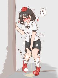 Rule 34 | 1girl, between legs, black bow, black bowtie, black hair, black skirt, blush, bow, bowtie, breasts, breath, embarrassed, female focus, geta, half-closed eyes, hand between legs, hand up, hat, have to pee, japanese text, leg up, miniskirt, mizusoba, nose blush, open mouth, peeing, peeing self, puddle, red eyes, red footwear, red hat, shameimaru aya, shirt, shoes, short hair, short sleeves, sketch, skirt, small breasts, socks, solo, speech bubble, standing, standing on one leg, steam, sweat, tears, tengu-geta, tokin hat, touhou, translation request, trembling, wavy mouth, wet, wet clothes, white shirt, white socks