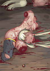 Rule 34 | 2girls, black legwear, blonde hair, blood, blood on face, breasts, closed eyes, corpse, cum, cum in mouth, cum on body, cumdrip, dark-skinned female, dark skin, death, decapitation, disembodied head, eyebrows, groin, guro, iken, injury, jewelry, legs together, linea alba, long hair, lying, multiple girls, necklace, nipples, nude, on ground, parted lips, pointy ears, scrape, small breasts, thick eyebrows, thighhighs, torn clothes, torn legwear