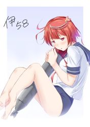 Rule 34 | 1girl, ahoge, barefoot, blush, breasts, character name, commentary request, crossed legs, flower, hair flower, hair ornament, highres, i-58 (kancolle), kantai collection, looking at viewer, medium breasts, niwatazumi, hugging object, red eyes, red hair, sailor collar, sailor shirt, school swimsuit, shirt, short hair, short sleeves, solo, swimsuit, swimsuit under clothes, torpedo, translation request, type 95 torpedo
