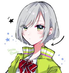 Rule 34 | alternate hairstyle, arrow (symbol), blush, bob cut, character name, commentary request, green eyes, grey hair, highres, hinomori shiho, jacket, project sekai, ribbon, short hair, signature, star (symbol), toco5th, track jacket, white background