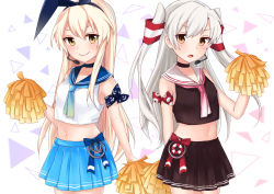 Rule 34 | 2girls, abstract background, amatsukaze (kancolle), anchor, animal ears, arm at side, arm behind back, arm wrap, bandana, black choker, blonde hair, blue bow, blue neckerchief, blue sailor collar, blue skirt, bow, breasts, brown eyes, brown shirt, brown skirt, cheerleader, choker, closed mouth, collarbone, commentary, cowboy shot, fake animal ears, fang, frown, green eyes, hair between eyes, hair ribbon, hairband, half-shirt, hand up, headset, highres, holding, kantai collection, kawagami raito, lifebuoy, long hair, looking at viewer, medium breasts, microphone, midriff, multiple girls, navel, neckerchief, open mouth, pink neckerchief, pleated skirt, pom pom (cheerleading), rabbit ears, red bow, ribbon, sailor, sailor collar, shimakaze (kancolle), shirt, sidelocks, skirt, sleeveless, sleeveless shirt, smile, standing, swim ring, two side up, v-shaped eyebrows, very long hair, white background, white hair, white sailor collar, white shirt