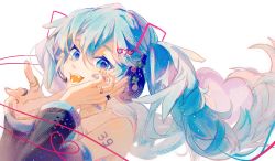 Rule 34 | 1girl, ai kotoba iv (vocaloid), bandaid, bandaid on cheek, bandaid on face, bandaid on neck, black sleeves, blue eyes, blue hair, blue nails, chinese commentary, collared shirt, colored eyelashes, commentary request, detached sleeves, fangs, hair between eyes, hair ornament, hand on own cheek, hand on own face, hand up, hatsune miku, hatsune miku (vocaloid4), headphones, heart, heart hair ornament, highres, jewelry, light particles, long hair, microphone, multicolored nails, nail polish, open mouth, pink nails, ring, shirt, simple background, smile, solo, twintails, vocaloid, white background, white shirt, xiaozhi zi