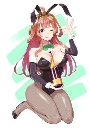 Rule 34 | 1girl, :q, ahoge, alcohol, alternate costume, animal ear hairband, animal ears, between breasts, black footwear, black pantyhose, blush, bottle, bow, bowtie, breasts, brown hair, covered erect nipples, detached collar, double bun, elbow gloves, fake animal ears, fishnet pantyhose, fishnets, foam, full body, gloves, green bow, green bowtie, hair bun, hairband, headgear, high heels, highres, holding, holding bottle, kantai collection, kongou (kancolle), large breasts, leotard, long hair, mikemono yuu, pantyhose, playboy bunny, purple eyes, rabbit ear hairband, rabbit ears, simple background, sitting, solo, tongue, tongue out, waving, wrist cuffs