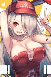 Rule 34 | 1girl, absurdres, animal ears, arm up, armpits, azur lane, bare shoulders, blush, breasts, cleavage, collarbone, commentary request, fake animal ears, grey hair, hair between eyes, hair over one eye, heart, highres, large breasts, long hair, mole, mole under eye, official alternate costume, one-piece swimsuit, one eye closed, open mouth, prinz heinrich (azur lane), prinz heinrich (rabbit on watch) (azur lane), rabbit ears, red eyes, red headwear, red one-piece swimsuit, reizouko, revision, sidelocks, smile, solo, standing, strapless, strapless one-piece swimsuit, swimsuit, teeth, upper body, upper teeth only, v, very long hair, whistle, whistle around neck
