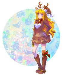 Rule 34 | 1girl, ahoge, animal costume, antlers, asymmetrical legwear, bell, blonde hair, blush, boots, breasts, brown dress, closed mouth, dress, full body, hand on own hip, happy, hat, heart, heart print, highres, horns, iesupa, leg ribbon, long hair, long sleeves, looking at viewer, prosthesis, prosthetic arm, purple eyes, reindeer antlers, reindeer costume, ribbon, rwby, santa hat, skirt, smile, solo, standing, uneven legwear, very long hair, wavy hair, yang xiao long