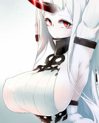 Rule 34 | 10s, 1girl, abyssal ship, armpits, blush, breasts, dated, dress, horns, huge breasts, inaka keikou, kantai collection, long hair, looking at viewer, red eyes, ribbed dress, ribbed sweater, seaport princess, sideboob, signature, single horn, solo, sweater, sweater dress, turtleneck, white hair