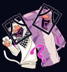 Rule 34 | 2boys, ?, animal costume, animal ears, animal hands, arms up, black background, black hair, blood, blood from mouth, cat costume, cat ears, cat paws, cat tail, checkered clothes, checkered scarf, commentary request, covering own eyes, cropped torso, danganronpa (series), danganronpa v3: killing harmony, fake animal ears, fake tail, grin, hair between eyes, hand up, hood, hoodie, iei, looking at viewer, male focus, momota kaito, multiple boys, nagi to (kennkenn), oma kokichi, pink blood, purple hair, scarf, simple background, smile, spoilers, tail, translation request, white hoodie