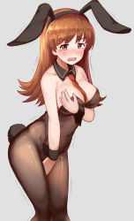 Rule 34 | 1girl, animal ears, bare shoulders, black leotard, black pantyhose, blush, breasts, brown eyes, brown hair, cleavage, covering breasts, covering crotch, covering one breast, covering privates, detached collar, fake animal ears, highres, kantai collection, large breasts, leotard, long hair, necktie, okitsugu, ooi (kancolle), pantyhose, playboy bunny, rabbit ears, rabbit tail, red neckwear, strapless, strapless leotard, sweatdrop, tail, tears, trembling, wavy mouth, wrist cuffs
