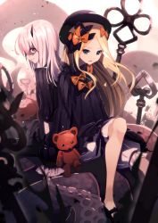Rule 34 | 2girls, abigail williams (fate), anzi, arm support, back-to-back, bad id, bad pixiv id, black bow, black dress, black footwear, black hat, blonde hair, bloomers, bow, bug, butterfly, commentary request, dress, fate/grand order, fate (series), grin, hair bow, hat, highres, horns, insect, key, lavinia whateley (fate), long hair, long sleeves, looking at viewer, looking back, mary janes, multiple girls, orange bow, oversized object, parted bangs, parted lips, pink eyes, polka dot, polka dot bow, shaded face, shoes, silver hair, single horn, sleeves past fingers, sleeves past wrists, smile, stuffed animal, stuffed toy, suction cups, teddy bear, tentacles, underwear, very long hair, white bloomers