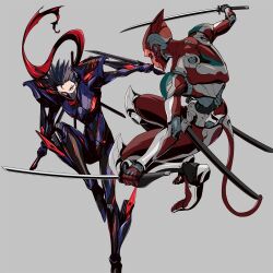 Rule 34 | 2boys, armor, black hair, black mask, blue armor, brown eyes, character request, commentary request, copyright request, covered mouth, dual wielding, fighting, full armor, full body, grey background, holding, holding sword, holding weapon, katana, kijimoto yuuhi, leg up, male focus, mask, mecha, monkey tail, mouth mask, multiple boys, ninja, red eyes, red scarf, robot, scarf, sheath, short hair, simple background, solid eyes, spiked hair, sword, tail, v-shaped eyebrows, weapon
