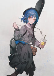 Rule 34 | 1girl, ajirui, blue bow, blue hair, bocchi the rock!, bow, collared shirt, cup, drinking straw, earphones, grey skirt, highres, holding, holding cup, instrument case, jewelry, mole, mole under eye, necklace, pantyhose, school uniform, shirt, short hair, skirt, solo, white shirt, yamada ryo, yellow eyes