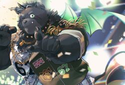 Rule 34 | 1boy, amduscias (housamo), animal collar, animal ear piercing, animal ears, bara, black fur, character name, collar, demon tail, demon wings, ear piercing, epaulettes, facial mark, furry, furry male, highres, horns, lock, looking at viewer, male focus, muscular, muscular male, number print, one eye closed, padlock, padlocked collar, piercing, pointing, pointing at viewer, sawch cls, shirt, short hair, single epaulette, single horn, sleeveless, sleeveless shirt, solo, stage lights, tail, thick eyebrows, tokyo houkago summoners, two-tone fur, union jack, upper body, wings