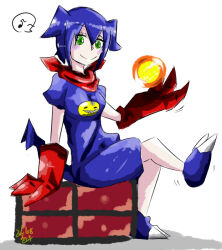 Rule 34 | claws, digimon, fire, gloves, green eyes, impmon, personification, scarf, smile