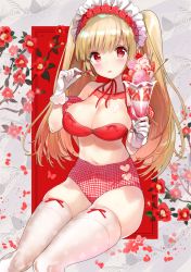 Rule 34 | 1girl, blonde hair, blunt bangs, blush, bow, bow legwear, breasts, camellia, cleavage, clothing cutout, floral background, flower, food, fruit, gloves, halterneck, hands up, hayama eishi, heart cutout, highres, holding, ice cream, lace trim, large breasts, lingerie, long hair, looking at viewer, maid headdress, navel, open mouth, original, panties, plaid, plaid panties, red eyes, red flower, sidelocks, sitting, skindentation, solo, strawberry, sundae, thighhighs, thighs, underwear, wafer stick, white gloves, white thighhighs
