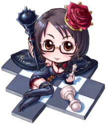 1girl asano_fuka black_cape black_dress black_footwear black_hair board_game boots breasts brown_eyes cape checkered_floor chess chess_piece chibi cleavage detached_sleeves dress flower fur-trimmed_cape fur_trim glasses gouchin_(nyou-tou) hair_flower hair_ornament holding holding_staff idolmaster idolmaster_cinderella_girls king_(chess) large_breasts long_sleeves looking_at_viewer lying pawn_(chess) queen_(chess) rose short_hair sleeveless sleeveless_dress smile staff thigh_boots white_background